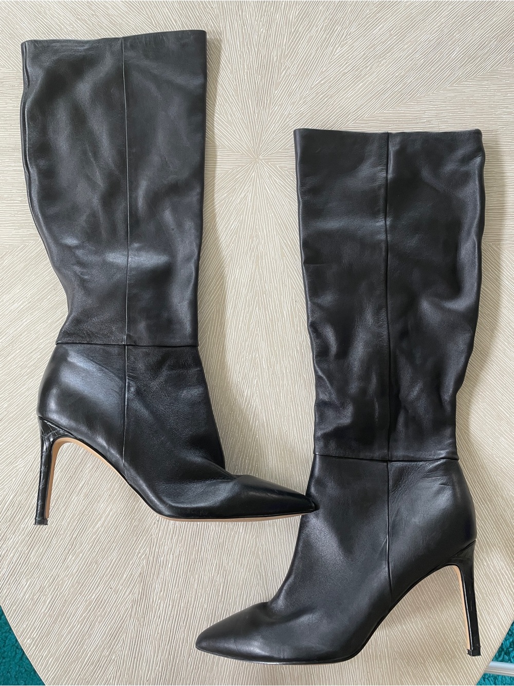 Nine West Richy Black Leather Knee-High Stiletto Boots w Crocodile Heel